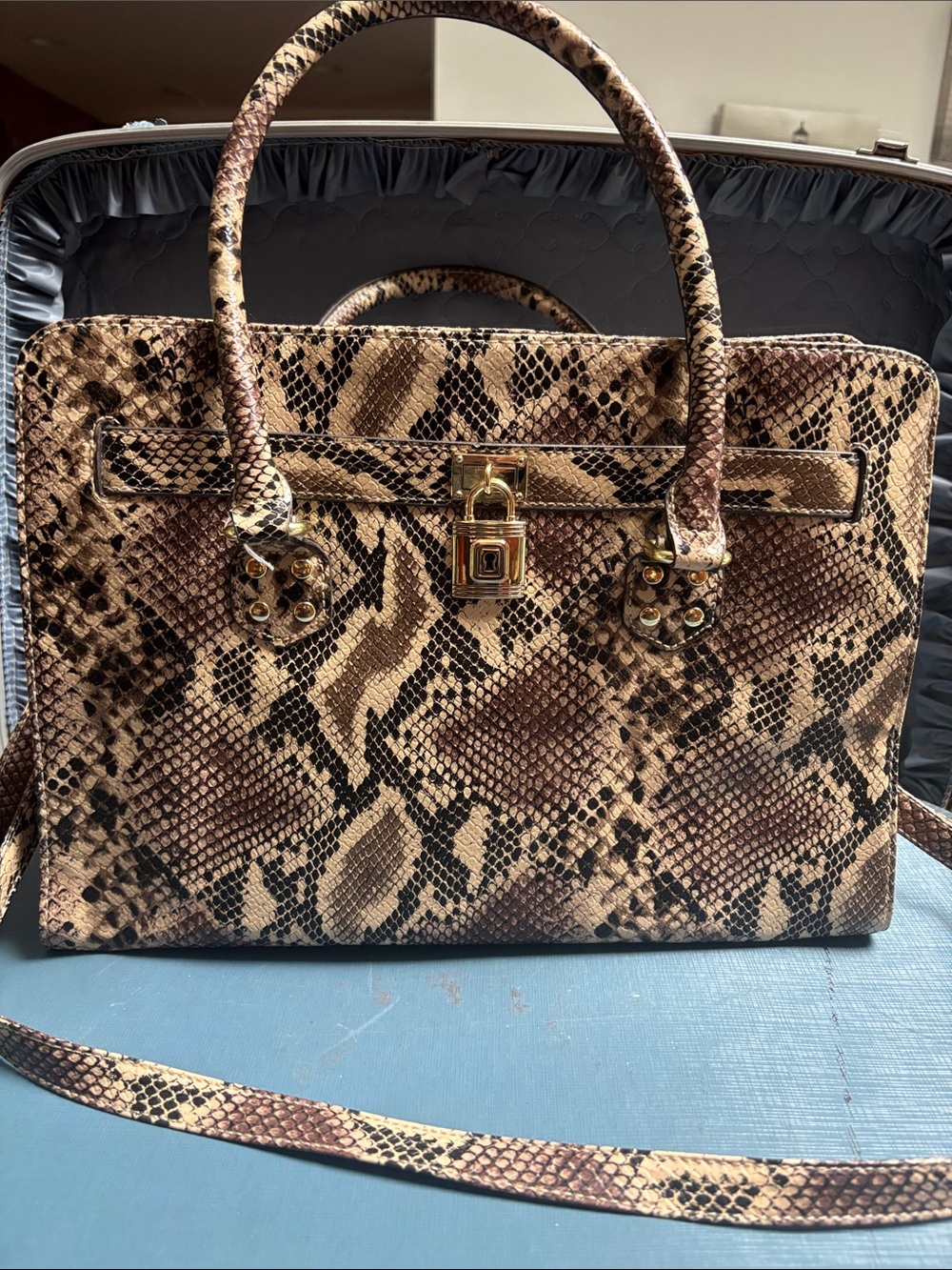 Womens Beige Black Tote Handbag snakeskin-embossed